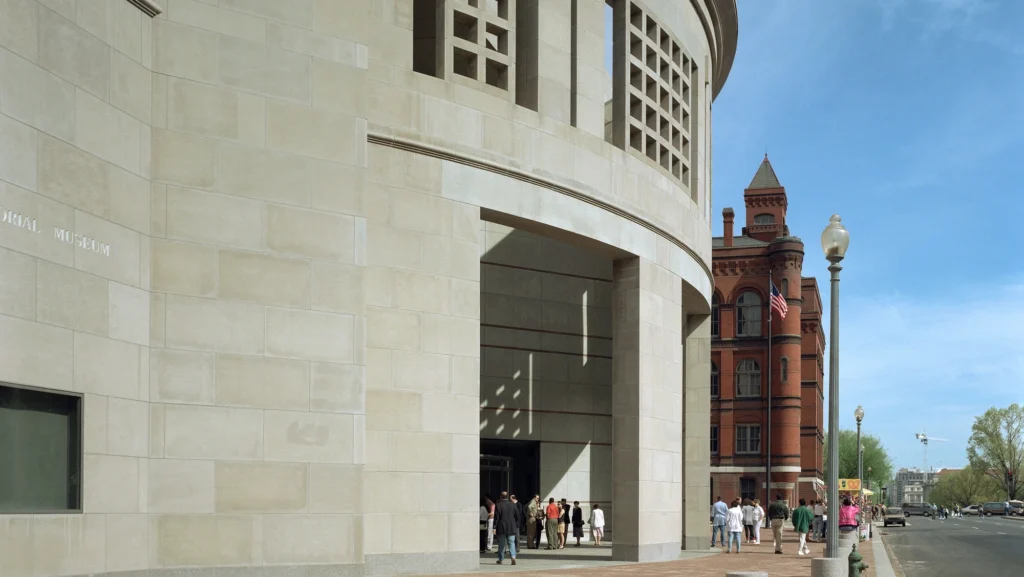 A view of the 14th-street side of the United States Holocaust Memorial Museum.