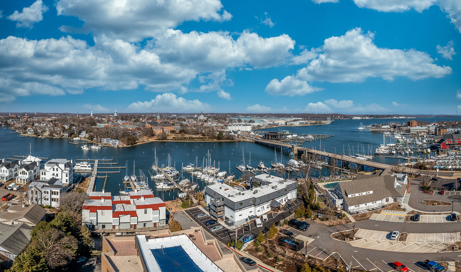 Aerial panorama of Annapolis harbor with luxury sail boats docked