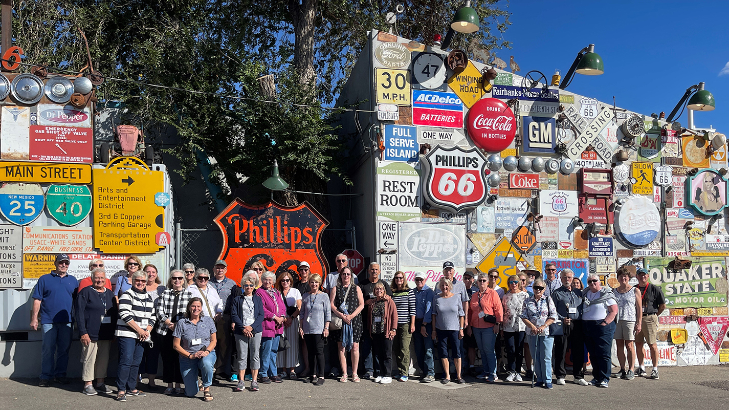 A group of OLLI tour participants standing outside the Route 66 Diner